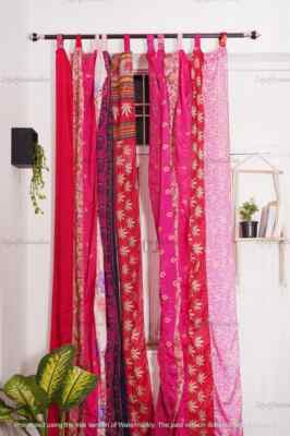 2 Pc Indian Old Recycle Silk Saree Boho Multi Curtain Door Drape Decor Curtain