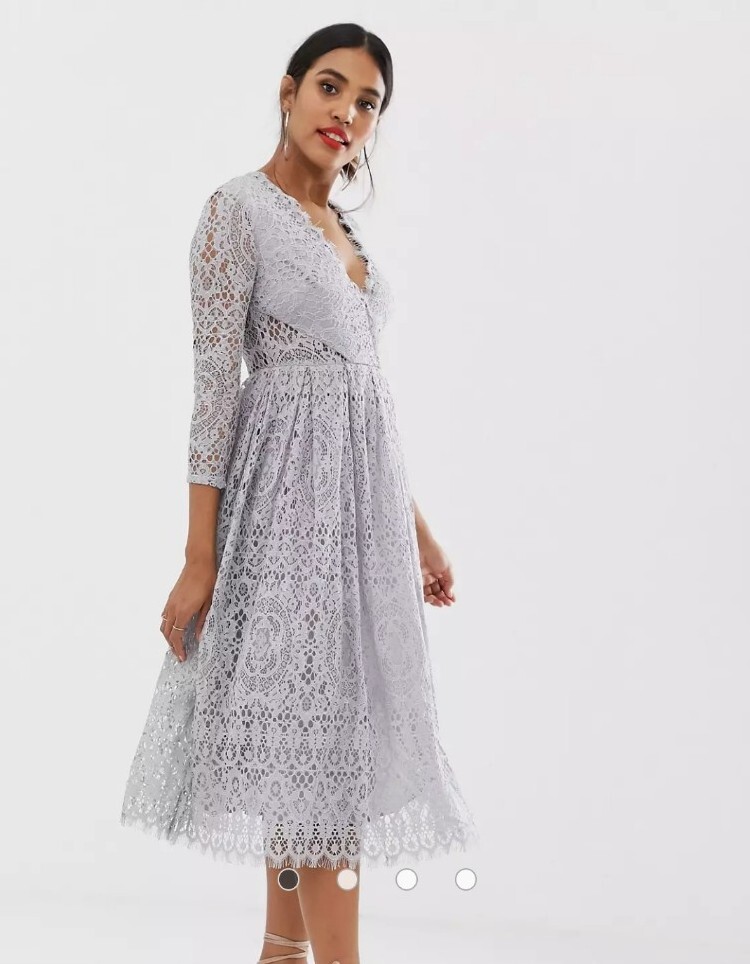 ASOS NWT Tea Length Midi Fit And Flare Poofy Gray Lace Long Sleeve 3/4 Dress 14 eBay