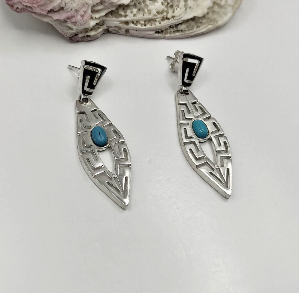 Greek Key Sterling Silver 925 Stud Earrings with Turquoise Stone - Image 2 of 4