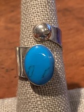 Vintage Sterling Silver 925 Bypass Ring GREAT Turquoise Ball Wide Band Size 8