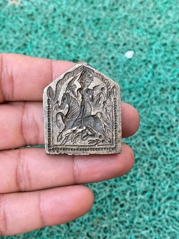 Ancient Brass Hand Carved Primitive Horse Warrior Sword Figured Jewelry Die Mold - Image 2 of 4