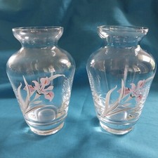 Bohemian Crystal Small Vases x 2 Iris Pattern Good Condition Approx 13cm 