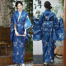 Vintage Blue Japanese Kimono Women Yukata Cosplay Geisha Dress with Obi