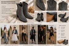 Silver Rhinestone Western Ankle Boots Pointed Toe Block Heel Women
