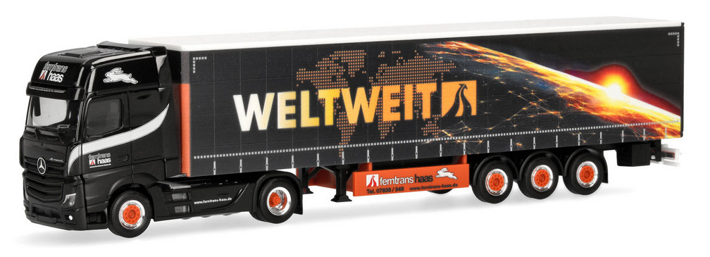 Miniature Herpa Mercedes Benz Actros L 2018 prestige réplique exacte Ferntrans Haas 1/87 en vitrine