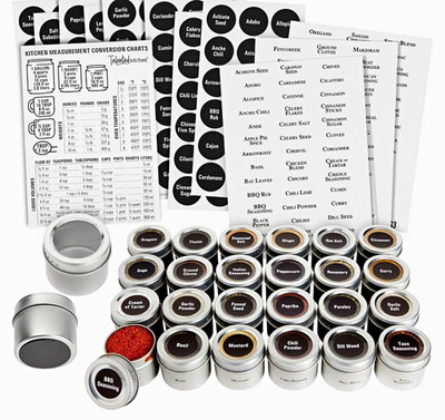 Talented Kitchen Magnetic Spice Jars 24 Pack Silver Metal w/ Lids Labels