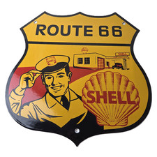 Vintage Shell Gas Sign - Gasoline Attendant Route 66 Pump Porcelain Sign