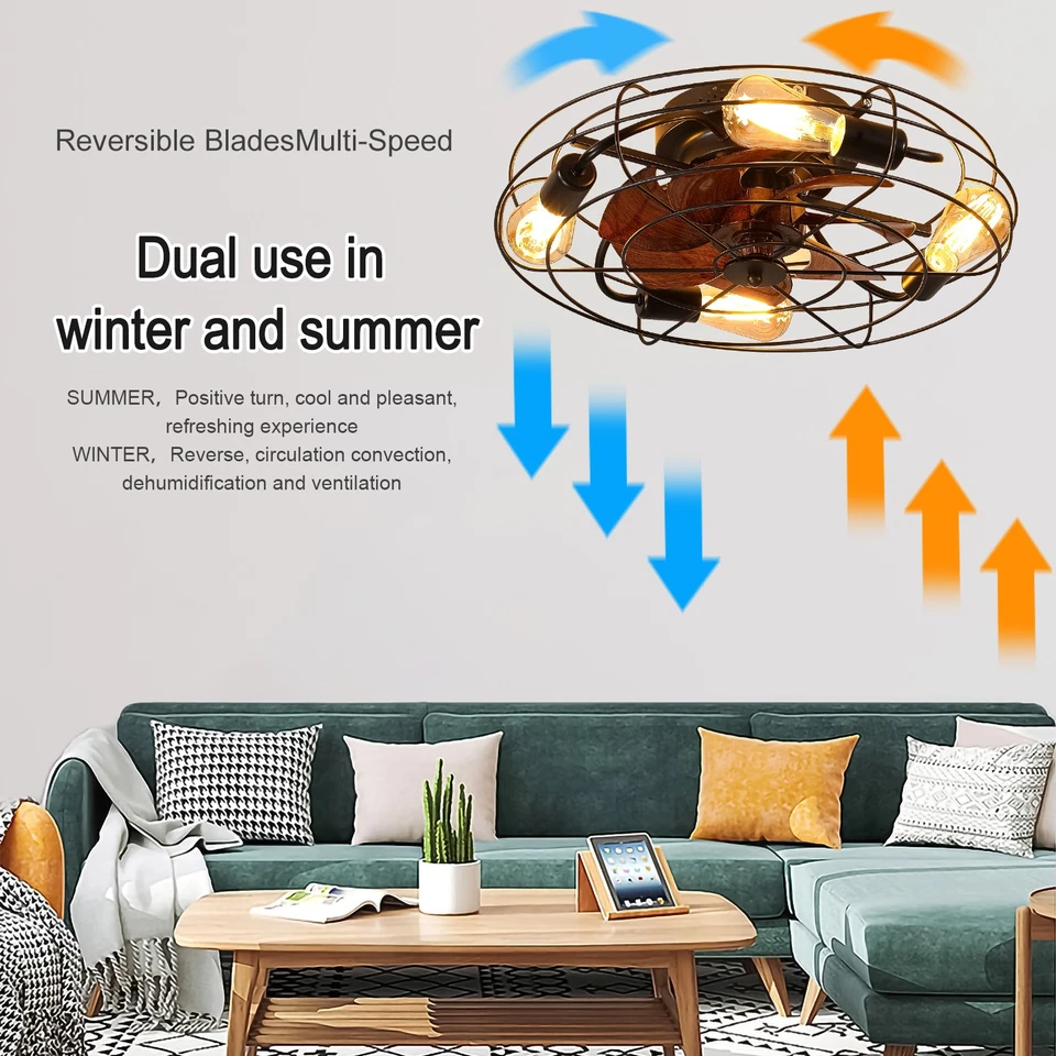20" Ceiling Fan Light Flush Mount Farmhouse Caged Lights kit With Remote Control - Image 3 of 4