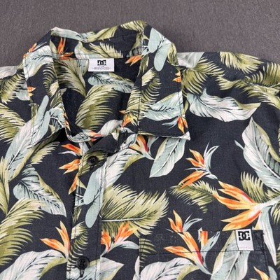 DC Shoes Mens Large Tropical Bird of Paradise Palm Print Button Down Shirt Black