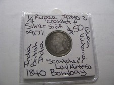 1840 1/4 Rupee British East India Silver Coin Victoria Crosslet 4 Serif #1840