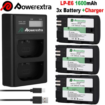 3x LP-E6 Battery+LCD Dual Charger for Canon EOS 5D 6D 7D Mark II III 60D 70D 80D