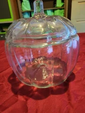 Vintage 7" Clear Glass Candy Cookie Treat Pumpkin Jar w/Lid