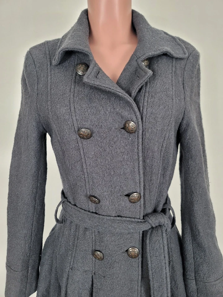 Free People Women's Gray Flowy Textured Wool Blend Pea Coat Sz 6 Small Belted - Image 4 of 4