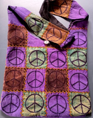 Shoulder Bag - Patchwork Peace Signs, 14'' Square, Button Closure, Inside Zippers