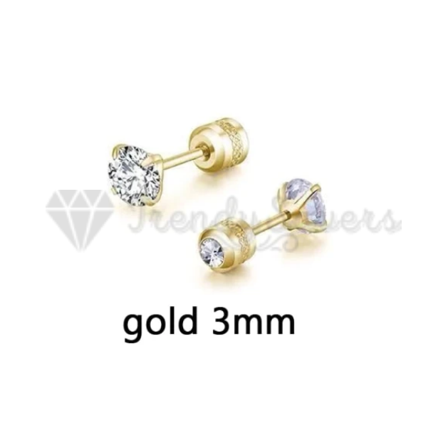 3mm Gold Luxury Women Men Screw back Crystal Ear Piercing Stud Earrings