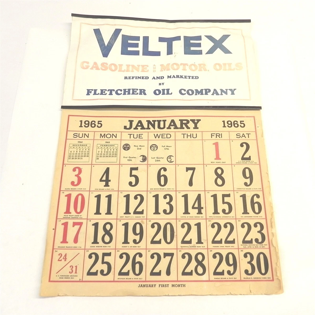 VINTAGE 1965 VELTEX GASOLINE & MOTOR OILS FLETCHER CALENDAR UNUSED  9.5