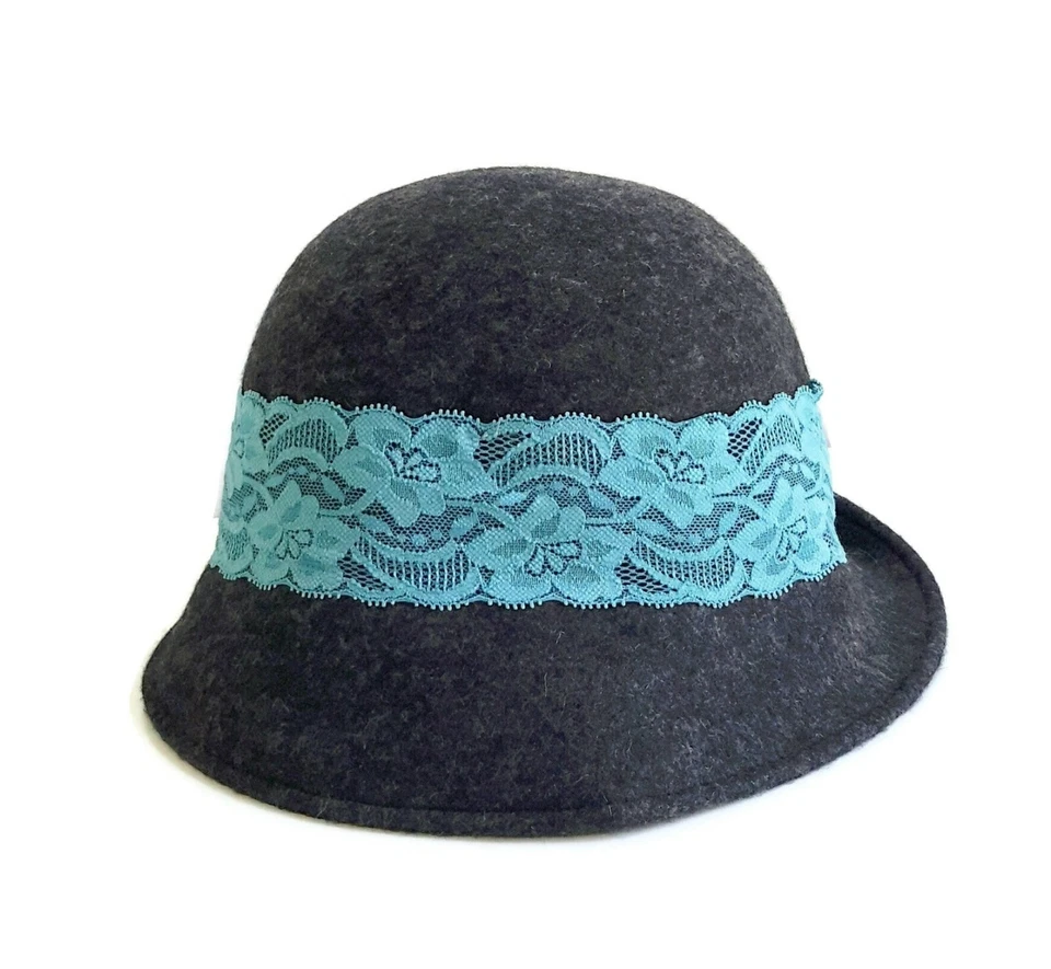 NWOT Anthropologie Dark Gray Wool Hat with Blue Lace Band by Yellow Bird, $58 - Image 3 of 4