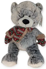 Hugfun International Plush 18" Gray Winter Teddy Bear Stuffed Animal Scarf Soft