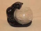 Vintage Haeger Pottery Black Cat w/ Glass Fishbowl Ceramic Sculpture Planter MCM