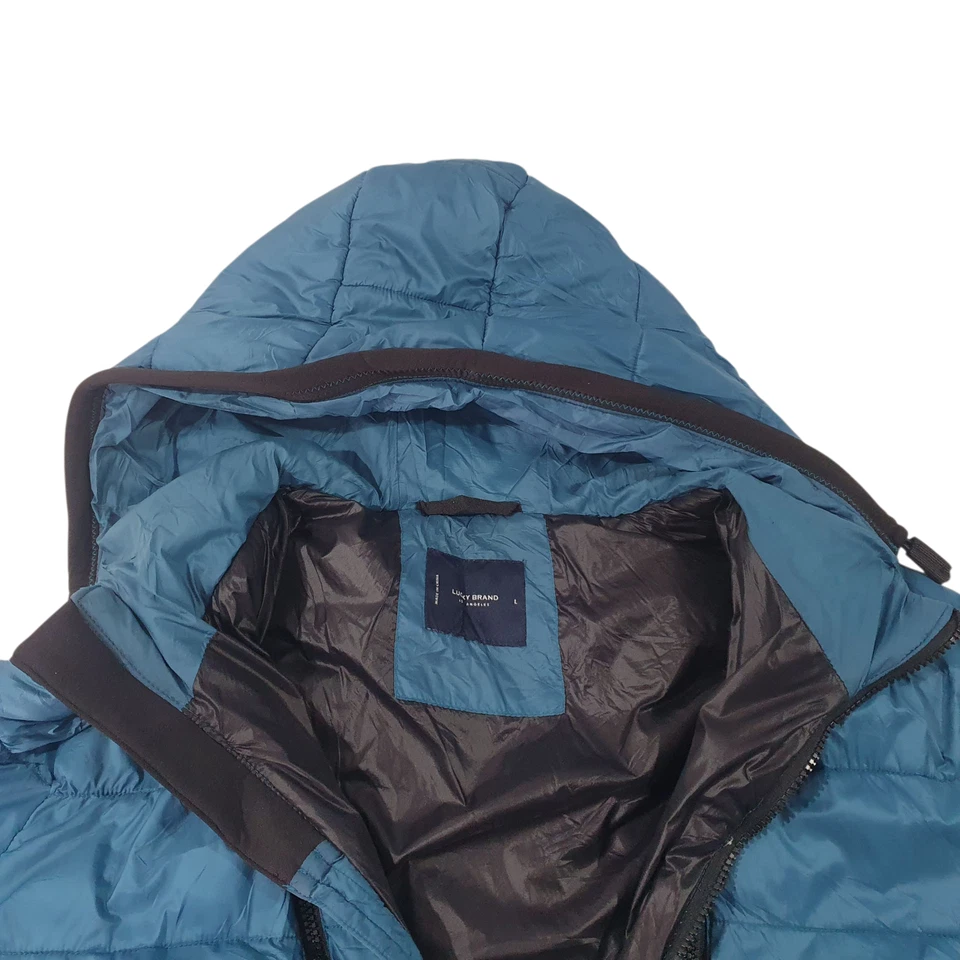 Lucky Brand Mens Size L Teal Quilted Puffer Hooded Zip Cold Weather Jacket - Image 3 of 4