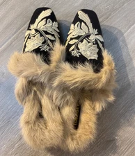 Women Square Toe Satin Floral Embroidery Mule Shoes Rabbit Fur Slippers Loafers