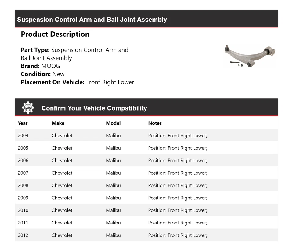 Рычаг управления передний правый нижний для Chevrolet Malibu 2004-2012 годов выпуска MOOG 2004 2005 2006 годов выпуска - Изображение 2 из 4