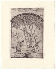 FRANZ GEHRI: Exlibris für Alexander Hauert, Apfelernte