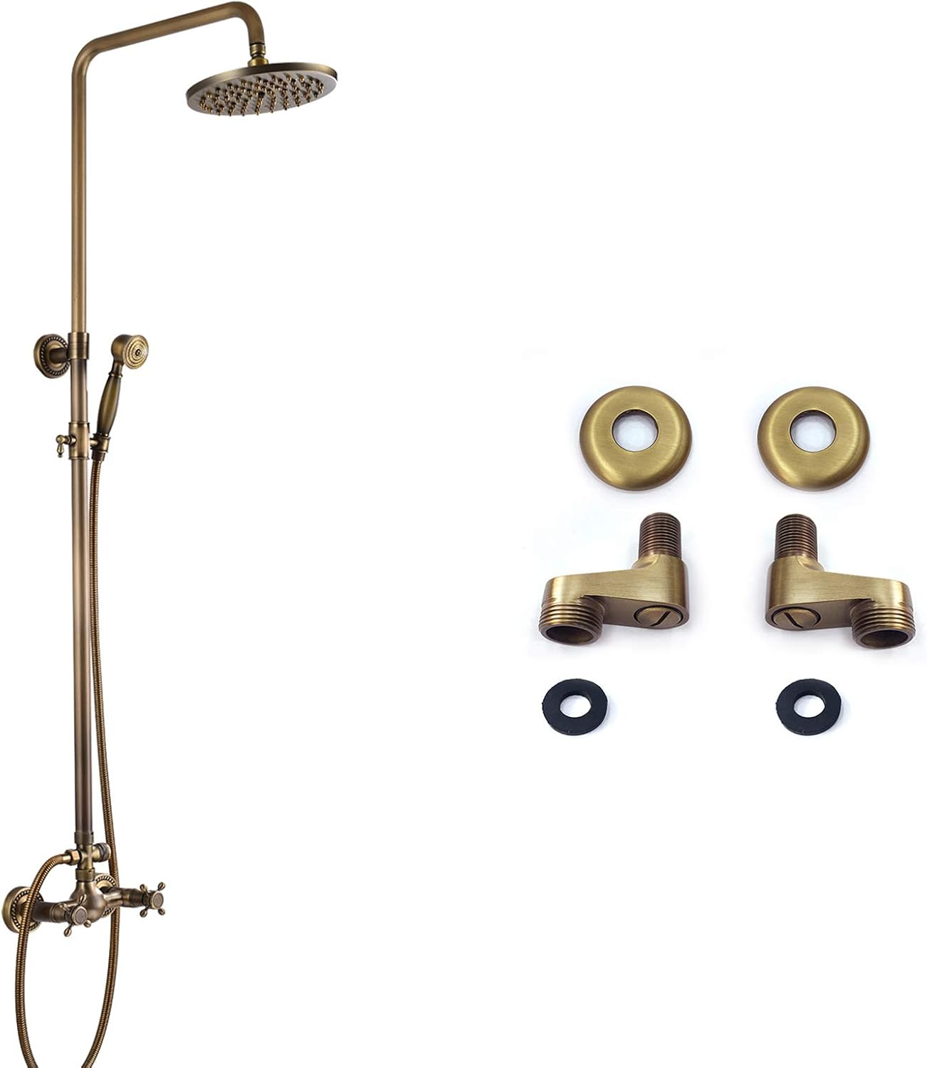 Antique Brass Bathroom Shower Faucet Set 8 Inch Rainfall Shower Head Cross Handl