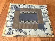 Quilted Table Topper , blue, gray, lace trim, 14.5 x 12, handmade, new