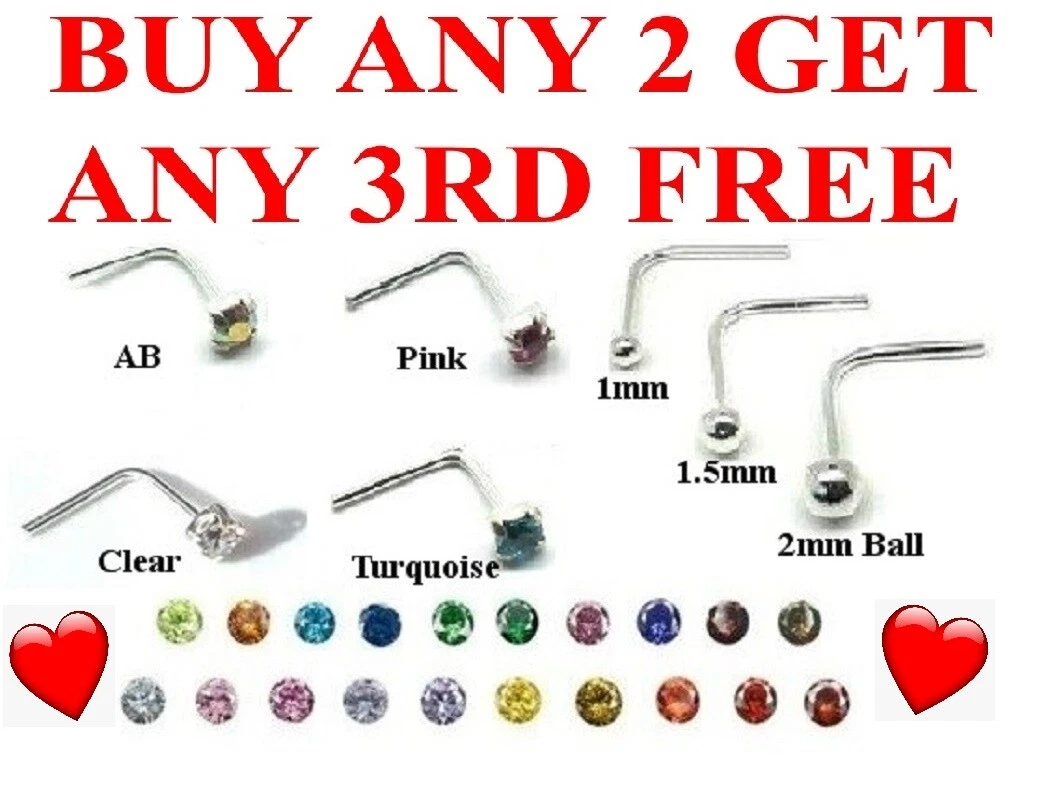 Nose Studs L Shape Sterling Silver Pins Piercing