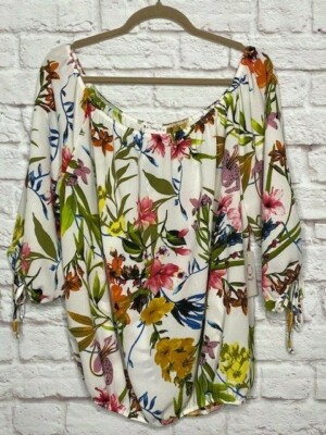 1X/2X New White Pink Purple Green Purple Floral Peasant Top Blouse Tiger Lily
