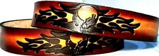SKULL FLAMES EMBOSSED 100% GENUINE COWHIDE LEATHER BELT SIZE 26-48 MADE IN USA