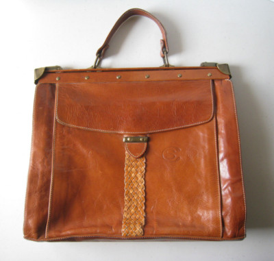 Vintage CARLO SALVATELLI Brown Leather Briefcase Handbag Bag Green Lining