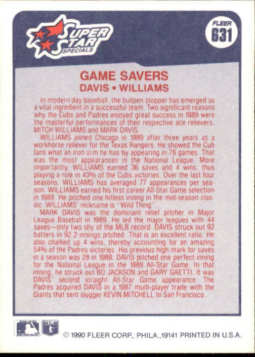 1990 Mark Davis / Mitch Williams Fleer Baseball Card #631 - Image 2 of 2