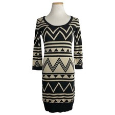LIV Sweater Dress Size Small Tan Black Geometric Abstract Print Straight Cut