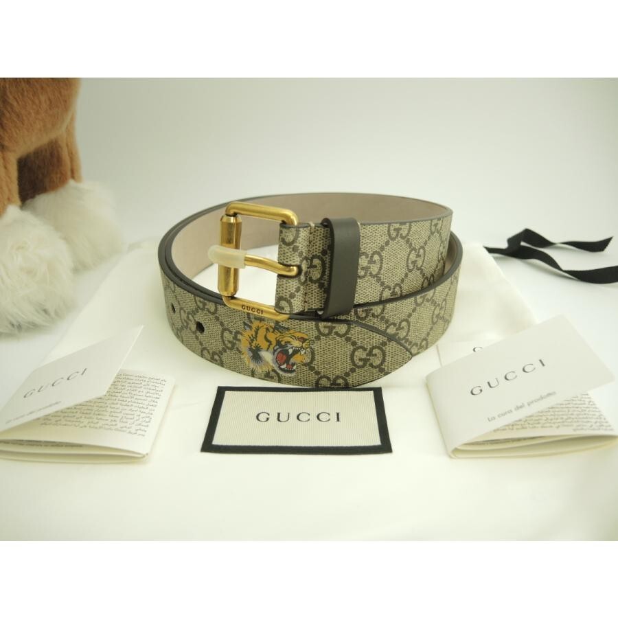 Gucci Buckle Belt 95cm Tiger GG Supreme Canvas Men's Beige 434520