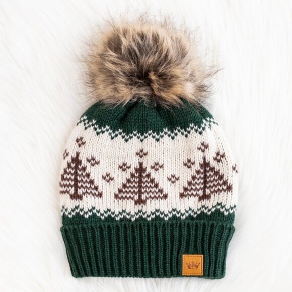 Holiday Green Knit Evergreen Trees Winter Faux Fur Pompom  display picture 3