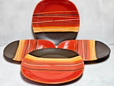 Home Trends Bazaar Red Dinner Plates 10 3/4" Square Black Red Tan Stripes Set 4