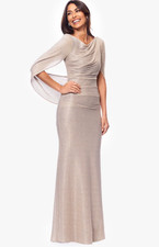 Betsy & Adam Petite Gown 10P Gold Silver Metallic Cape Sleeve Ruched Stretch NWT