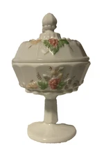 Westmoreland Milk Glass Paneled Grape Pedestal Candy Dish w/Lid