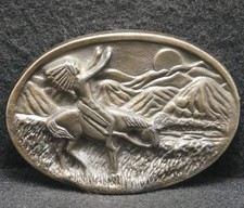 XA17120 VINTAGE 1970s NATIVE AMERICAN INDIAN ON HORSE ARTWORK BELT BUCKLE