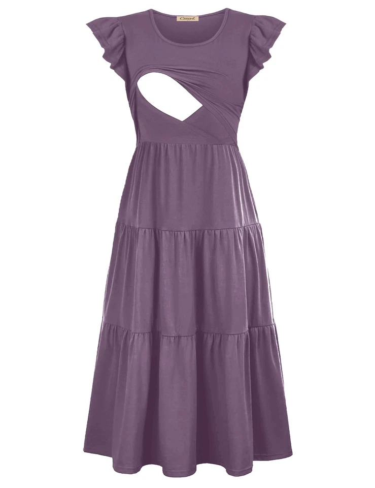 CzzzyL Womens Nursing Dress Round Neck Flutter Short Sleeve Wear for Pregnant - Image 2 of 4