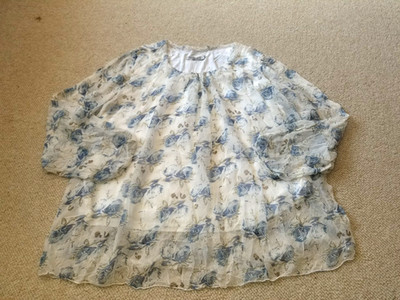 Womens Top-ELENA BALDI-ITALY-white/blue floral  silk lined delicate tunic ls-3X