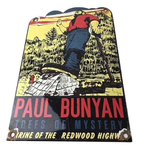 Vintage Paul Bunyan Sign - California Highway Gas Service Pump Porcelain Sign