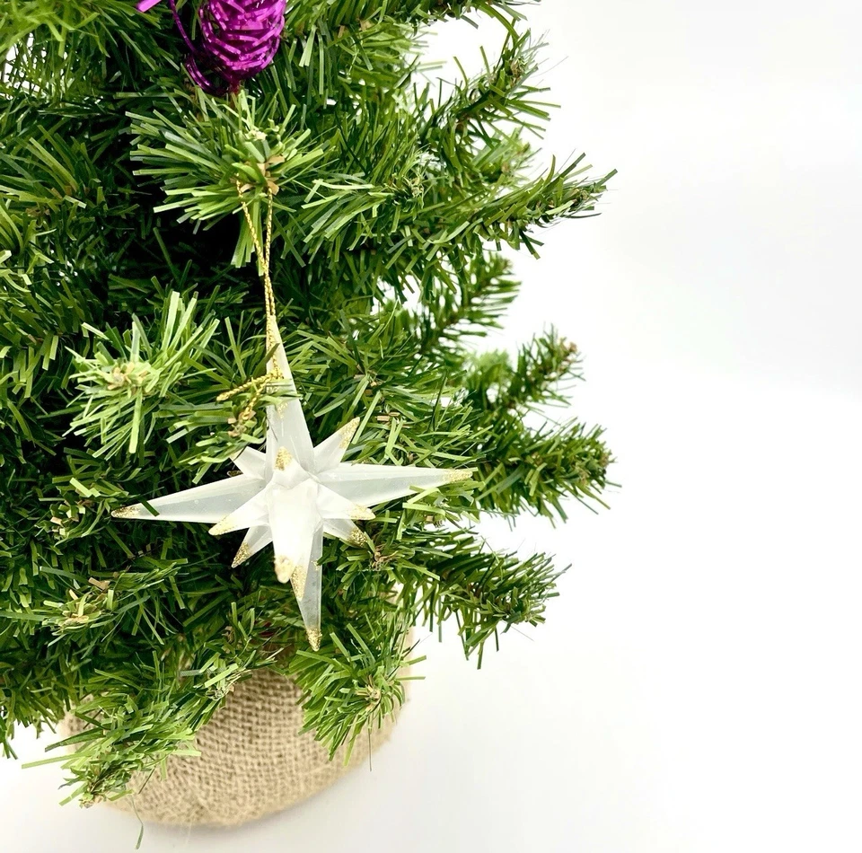 Christmas Tree Table Top With Ornaments Burlap Weighted Base Vintage - Image 4 of 4