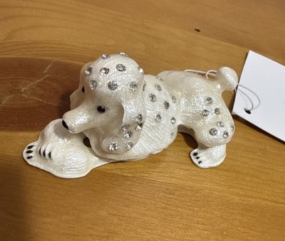 Bejeweled white Poodle Dog Hinged Metal Enameled Rhinestone Trinket Box