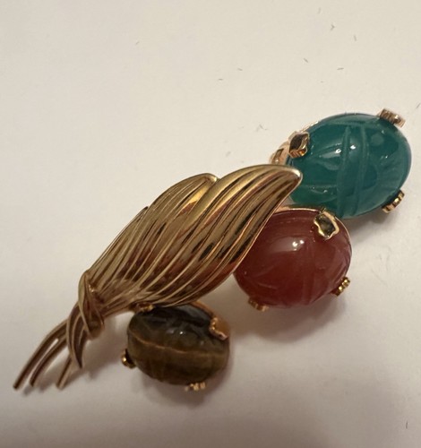12K Gold Filled Carved Brooch Pin Burt Cassell Scarab Stone Egyptian Revival