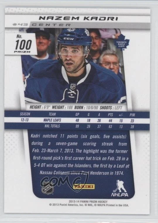 2013-14 Panini Prizm Silver Prizm Nazem Kadri #100 - Image 2 of 2