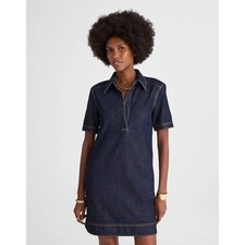 Madewell Denim Popover Mini Dress Collared Short Sleeve Shirt Dark Wash XS