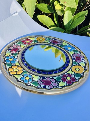 Cercolon Spain Floral Ceramic w/ 24k Gold Vintage Round Enamel 5 1/2  Mirror